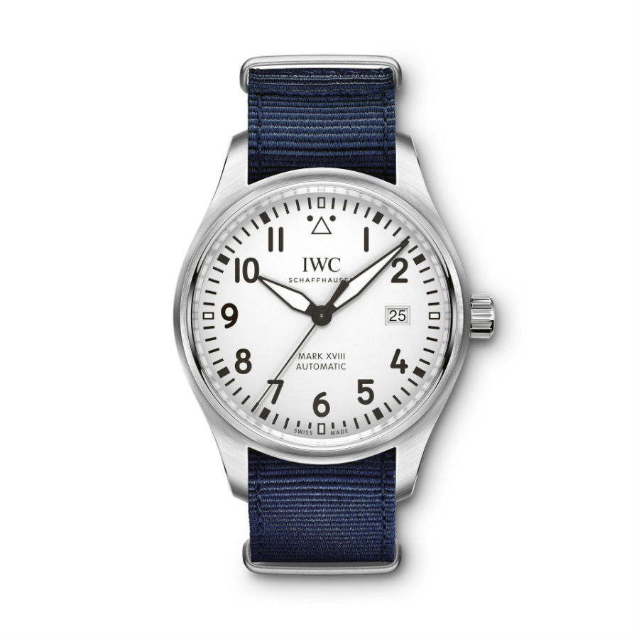  IWC Schaffhausen Pilot’s Watch Mark XVIII with grey strap with blue trim