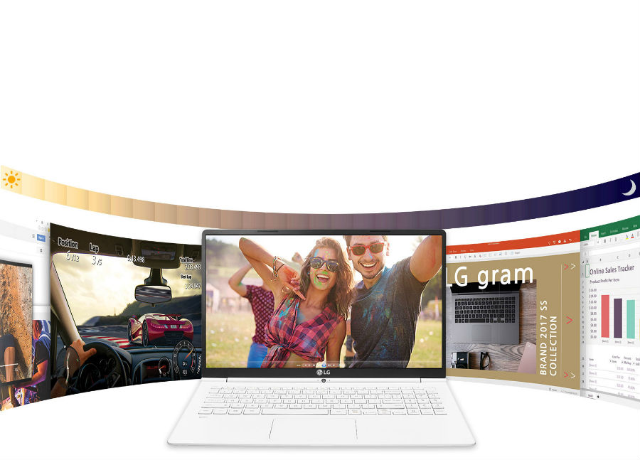 LG gram with lifestyle images behind it