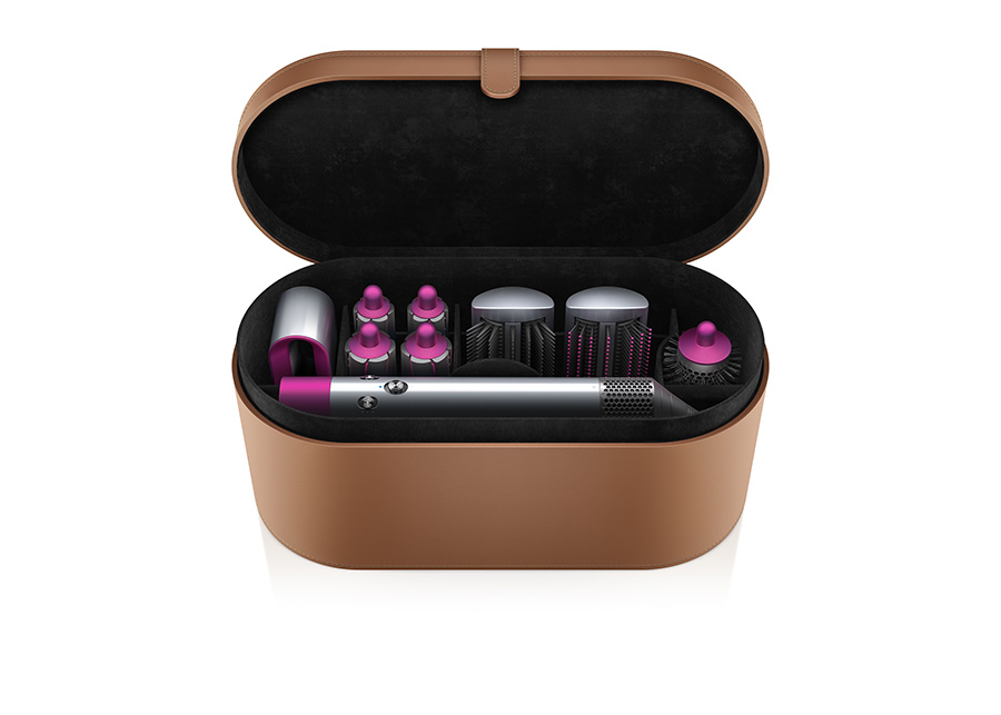 The Dyson Airwrap Styler complete package, with PU leather tan box, and all of the accessories included