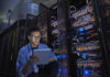 IT technician in data centre server room