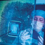 Electronics worker holding silicon wafer reflected in screen in clean room
