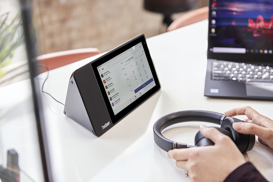Person using the Lenovo ThinkSmart View